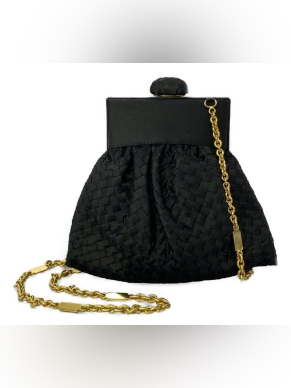 Bottega Veneta Black Satin Intrecciato Knot Clutch w Chain Vintage